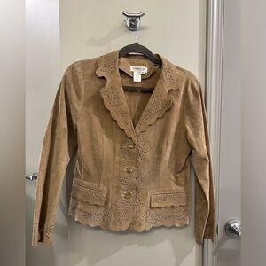 Coldwater Creek Leather Blazer Jacket Tan Small Petite Cutout Buttons Scalloped